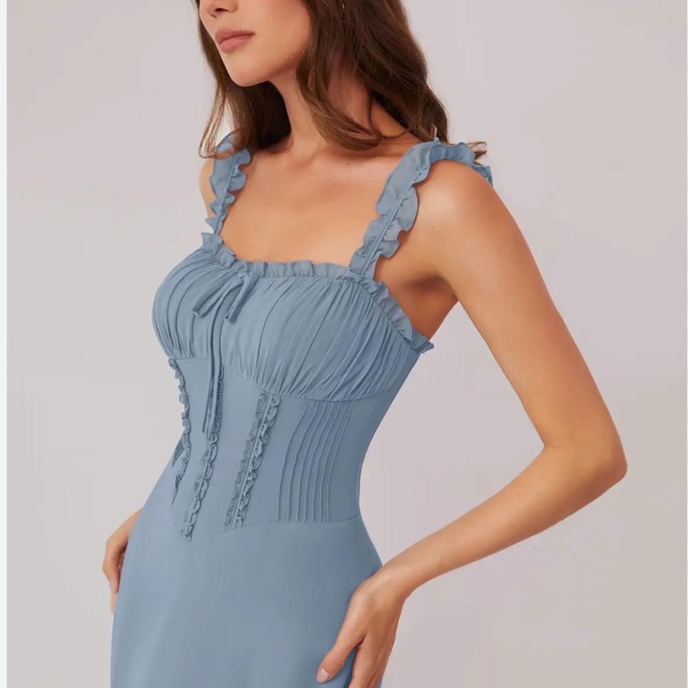 Azazie Blue Ruffle-Strap Maxi Dress - Picture 5 of 12